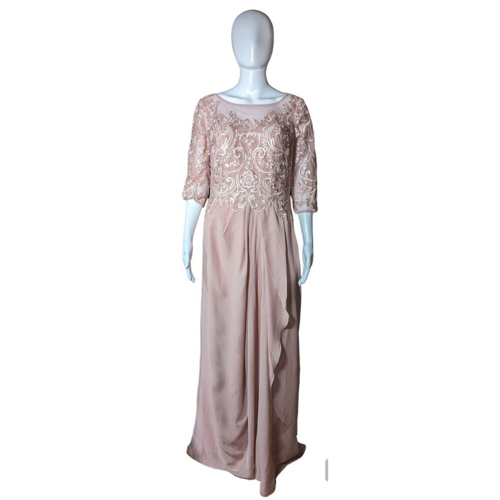 JJs House Beaded Lace Chiffon Womens 12 Formal Dress‎ Gown Dusty Rose Pink Prom